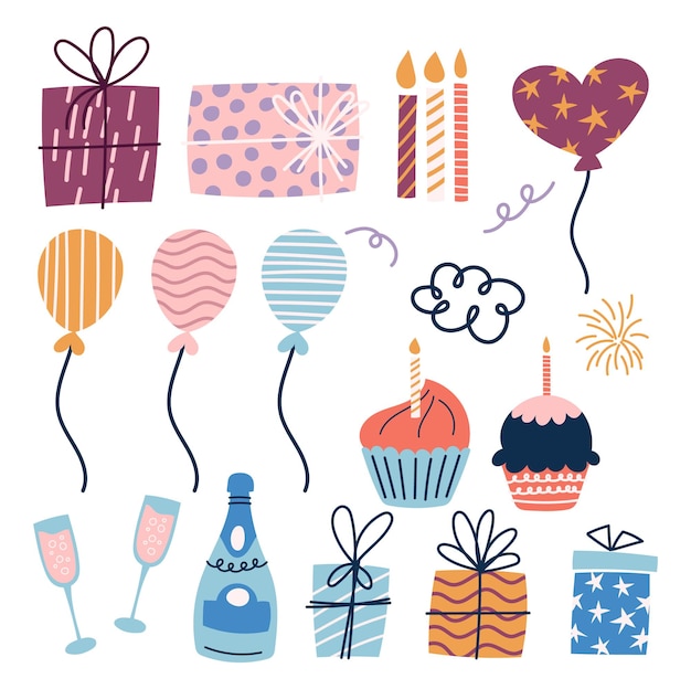 Lebendiges geburtstagsdekor-set, luftballons, kerzen, kuchen und geschenke mit champagnergläsern und -flaschen in schillernden farben, perfekt, um der feier eine festliche note zu verleihen. cartoon-vektorillustration