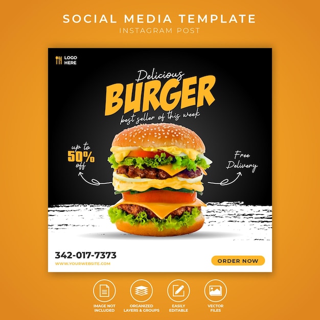 Lebensmittel-Menü und Restaurant-Social-Media-Banner-Vorlage kostenloser Vektor