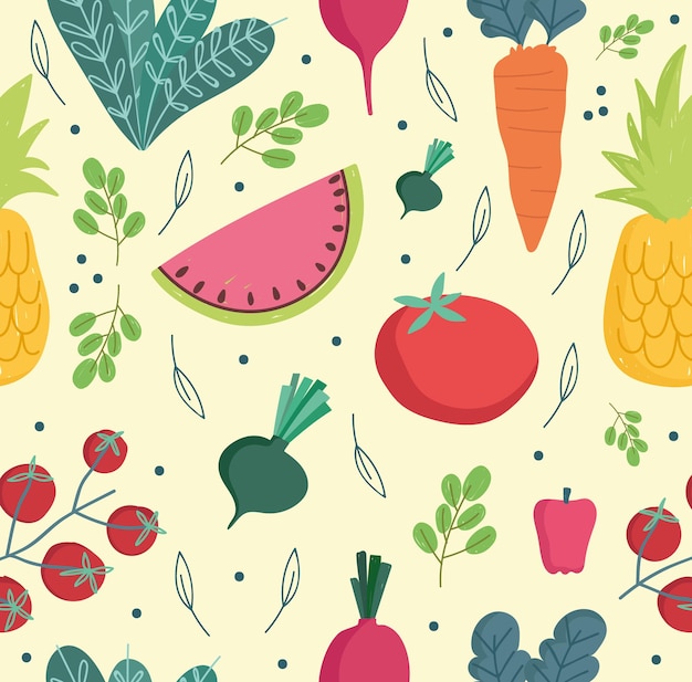 Lebensmittel nahtlose muster frisches gemüse und obst zutaten kochen illustration