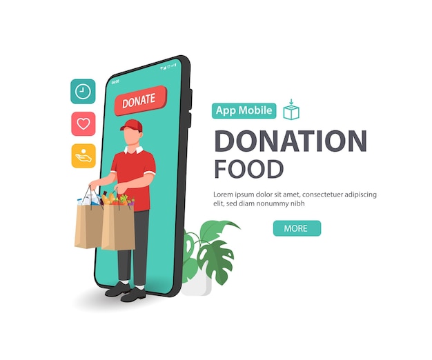 Lebensmittel- und essensspende an menschen, die lebensmittel mit einer app auf einem smartphone für freiwilligenarbeit und wohltätigkeit halten