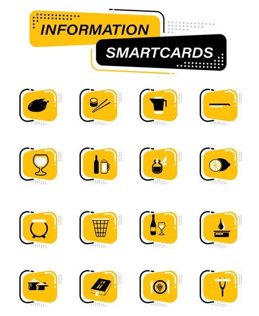 Lebensmittel- und küchenfarbvektorsymbole auf informations-smartcards für das design der benutzeroberfläche