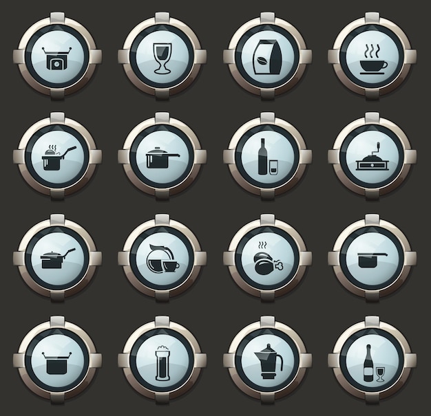 Vektor lebensmittel- und küchenvektorsymbole in den stilvollen runden schaltflächen für mobile anwendungen und das web
