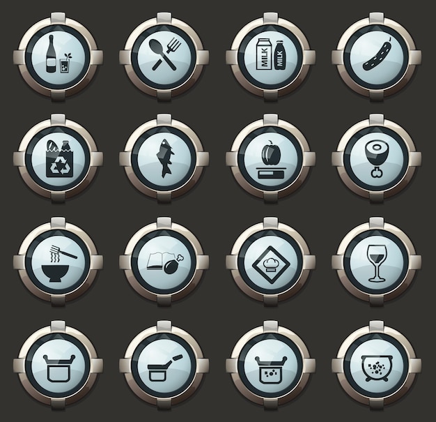 Lebensmittel- und küchenvektorsymbole in den stilvollen runden schaltflächen für mobile anwendungen und das web