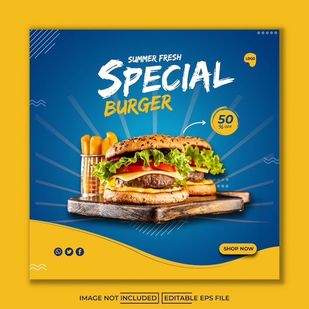 Lebensmittelburger mit blauer hintergrundvorlage für soziale medien