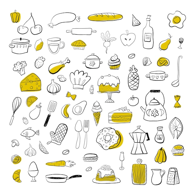 Lebensmittelküche kritzelt handgezeichnete, skizzenhafte symbole