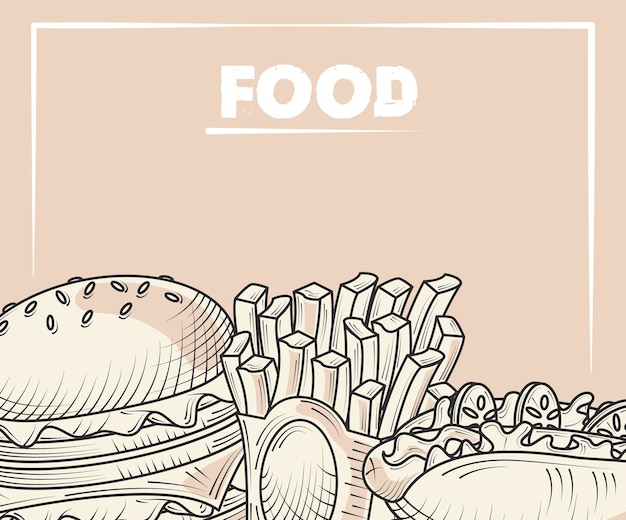 Vektor lebensmittelmenü burger pommes frites und hot dog hand gezeichnete poster illustration