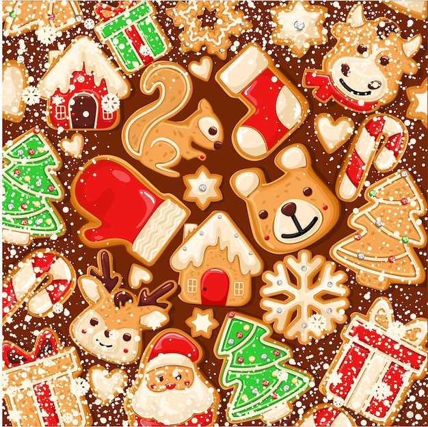 Lebkuchen-Hintergrund. Verschneiter Hintergrund. Lebkuchen-Set. Perfekt für Weihnachtsbanner, Grußkarten und Präsentationen. Vektor-Illustration.