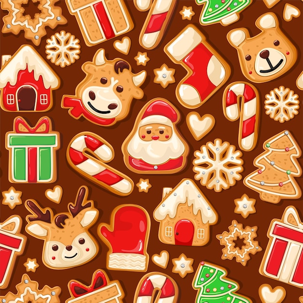Lebkuchen-muster. verschneiter hintergrund. lebkuchen-set. perfekt für weihnachtsbanner, grußkarten und präsentationen. vektor-illustration.