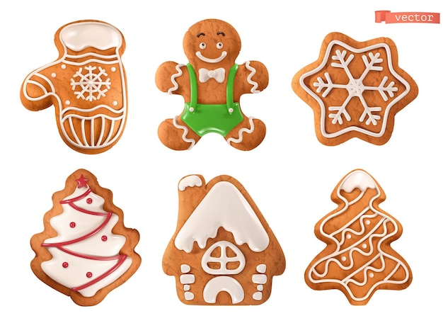 Vektor lebkuchen zu weihnachten. handschuh, mann, schneeflocke, baum, haus. 3d realistischer vektor-icon-set