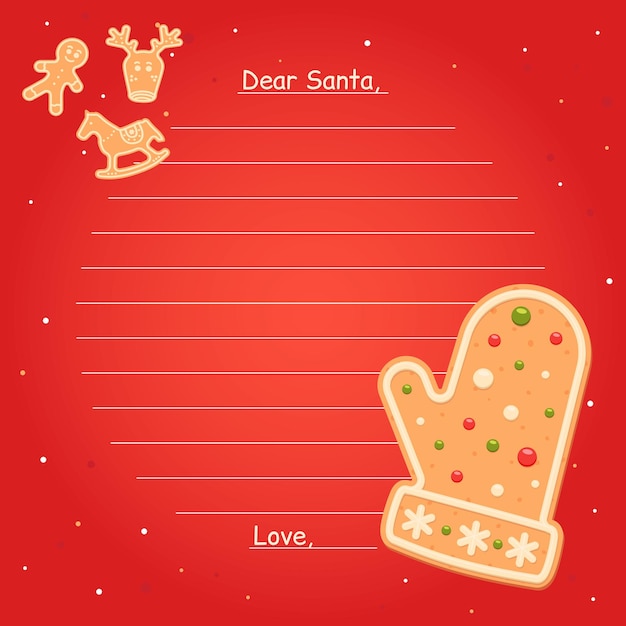 Vektor lebkuchenhandschuh brief für den weihnachtsmann hinweis flacher cartoon-vektor