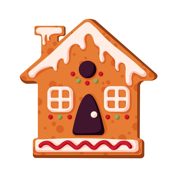 Vektor lebkuchenhaus im cartoon-stil feiertagswintersymbol festliche leckereien weihnachtswinterhausgemachte süßigkeiten in form eines hauses vektorillustration isoliert auf weißem hintergrund