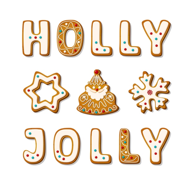 Lebkuchenplätzchen buchstaben mit weihnachtsphrase holly jolly im cartoon-stil süße kekse in