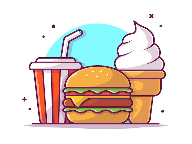 Lecker combo menu cheese burger mit soda und eis, illustration weiß isoliert