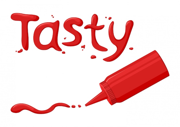 Lecker. ketchup-schriftart, tomatensauce in der flasche, illustration