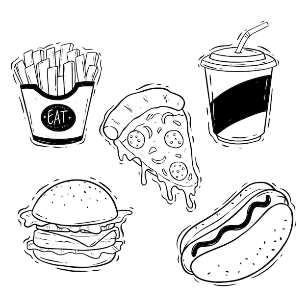 Leckere junk-food-kollektion mit hand zeichnen oder doodle-stil auf weißem hintergrund