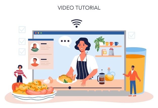 Vektor leckere spiegeleier zum frühstück online-service oder plattform rührei mit gemüse und speck essen am morgen online-video-tutorial isolierte vektorillustration