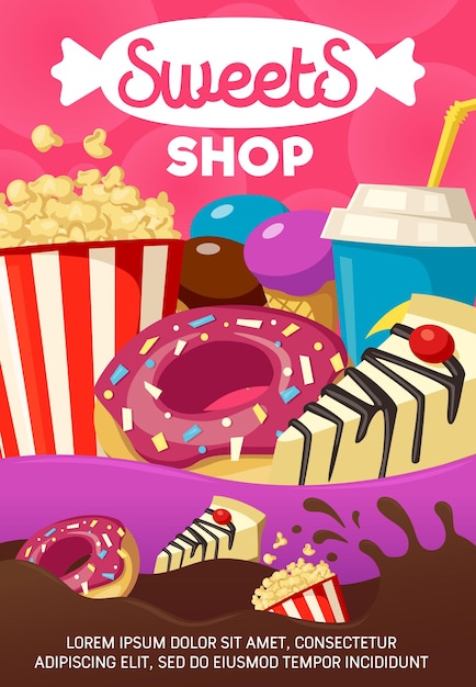 Vektor leckere süßigkeiten und fast-food-shop-cartoon-poster