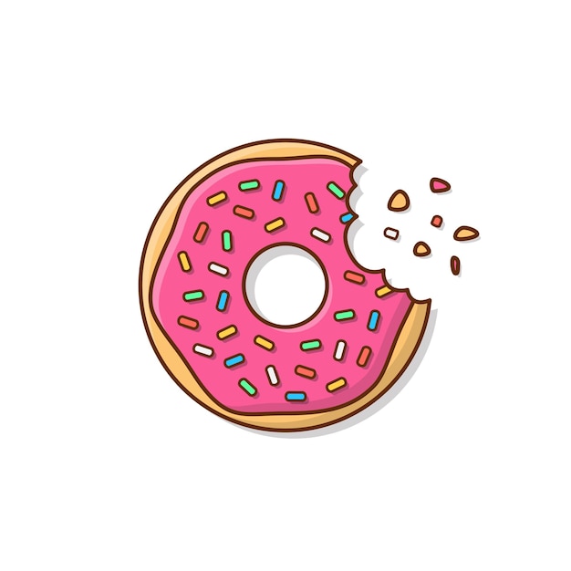 Leckerer Donut mit einer Mundbiss-Symbolillustration. Niedliche, bunte und glänzende Donuts mit Glasur und Pulver