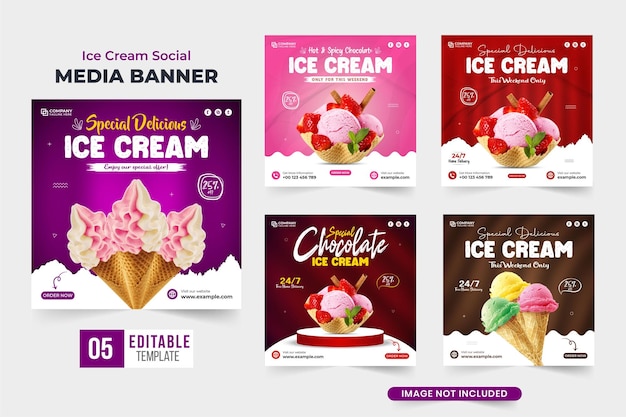 Leckeres dessert-werbeplakatbündel mit violetten und dunklen farben eisgeschäft social-media-post-sammlung für marketing köstlicher eiscreme-werbevorlagen-set-vektor