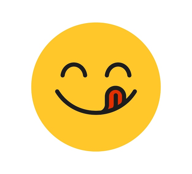Leckeres Lächeln Emoji mit Zungenleckmund. Köstliches leckeres Lebensmittelsymbol für soziales Netzwerk. Leckeres und hungriges Symbol. Herzhafter Gourmet. Genießen Sie Essen Zeichen. Vektorillustration lokalisiert auf weißem Hintergrund