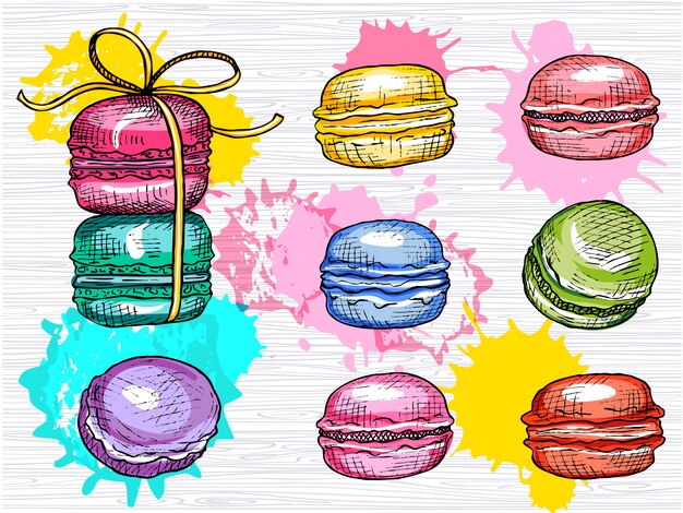 Leckeres macarons-set isoliert. bunte macaronsammlung. süß, farbe, kuchen, mittagessen, pausenzeit. hand gezeichnete illustration.