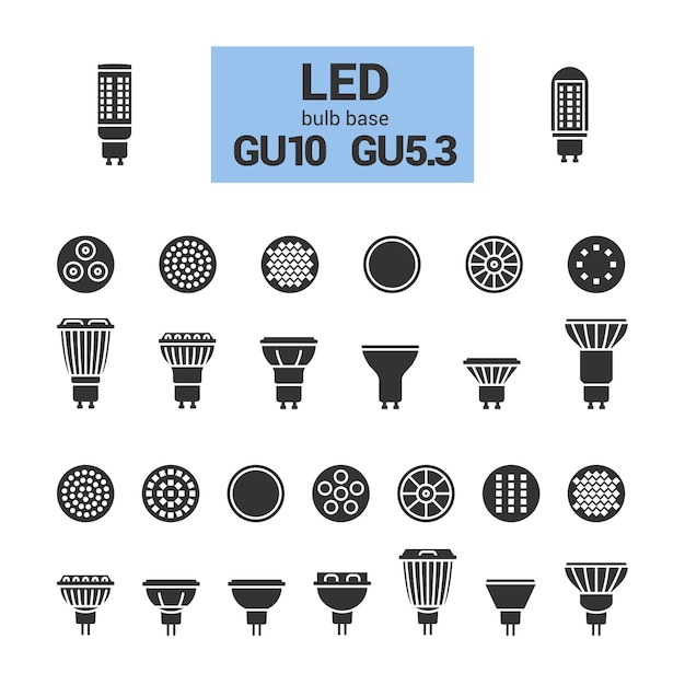 Led-licht gu10-glühbirnen vektor-silhouette-icon-set