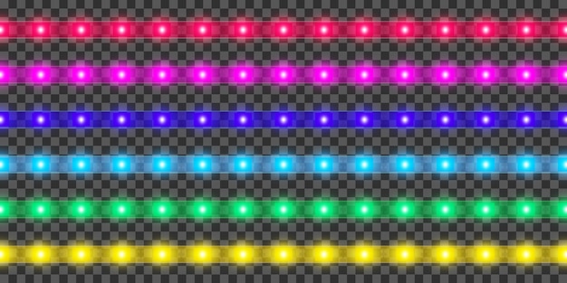 Led-streifen gesetzt. bunte realistische beleuchtete banddekoration.