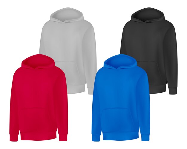 Vektor leer verschiedene farben männer hoodie sweatshirt lange ärmel mann hoodie mit kapuze frontansicht vektor vorlage sport winterkleidung für design mock-up print isoliert auf weißem hintergrund