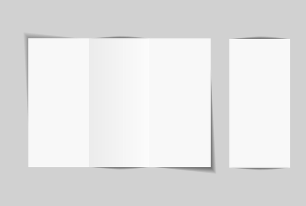 Leere dreifach geöffnete Broschüre Drei-Panel-Fold mit Schatten Mockup-Schablone auf dem Hintergrund Offenes Heft Dankesbriefkarten Flyer Grußkarte Hochzeits-Einladung Postkarte Broschäre Vektor