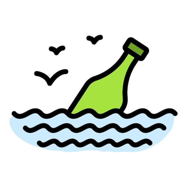 Leere Flasche im Meer-Symbol. Umriss der leeren Flasche im Meer-Vektor-Symbol in der Farbe flach isoliert