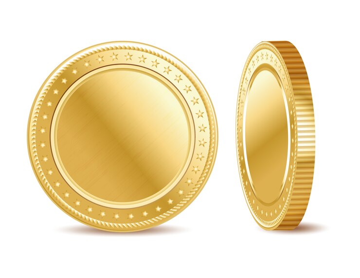 Leere goldene Finanzmünze auf dem weißen Hintergrund