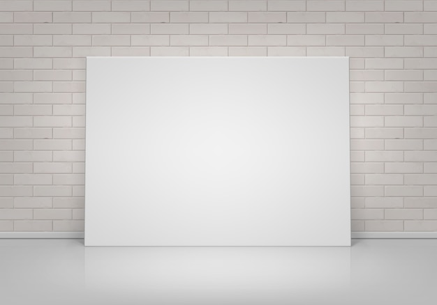 Vektor leere leere weiße mock up poster bilderrahmen auf dem boden mit backsteinmauer vorderansicht