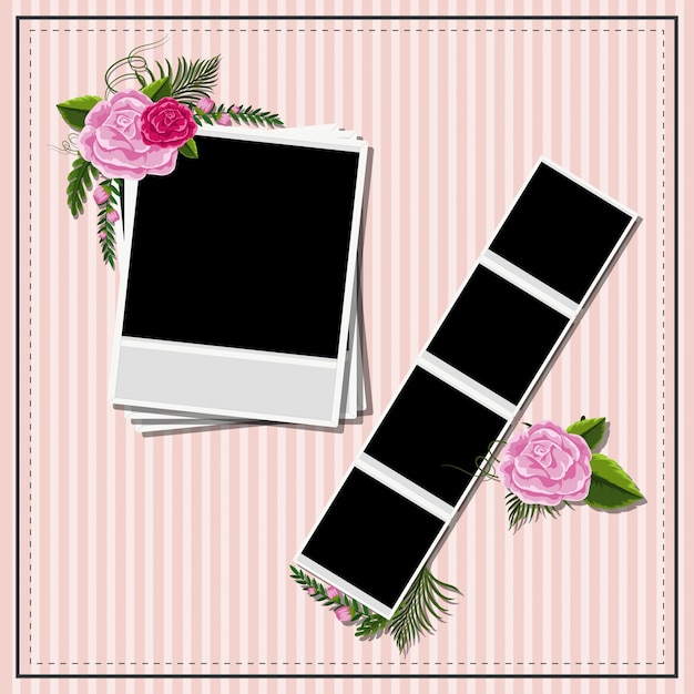 Leere photoframes auf rosa hintergrund mit rosen