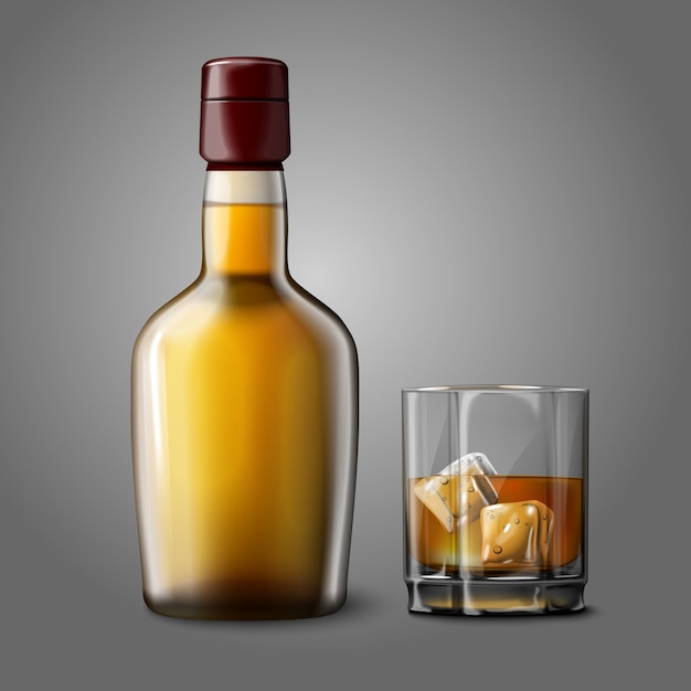 Leere realistische whiskyflasche mit glas whisky und eis