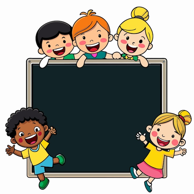 Leere Tafel mit vielen Kindern, handgezeichneter Maskottchen, Zeichentrickfigur, Aufkleber, Ikonenkonzept