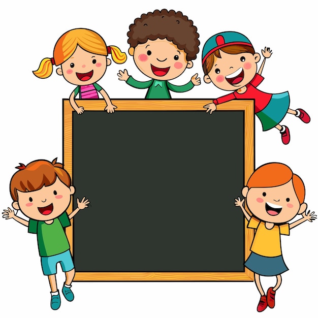 Leere Tafel mit vielen Kindern, handgezeichneter Maskottchen, Zeichentrickfigur, Aufkleber, Ikonenkonzept