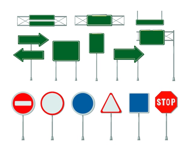 Vektor leere verkehrszeichen auf metallpfosten vektorgrafiken gesetzt. grüne werbetafeln, straßen- oder autobahnschilder, pfeiltafeln isoliert auf weißem hintergrund. verkehrs-, richtungs- oder zielkonzept