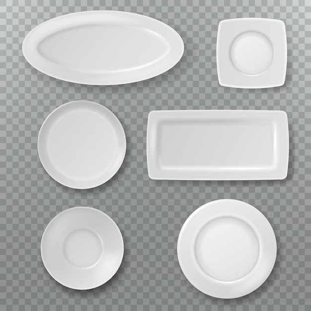 Vektor leere weiße platte. speiseteller draufsicht oben schüssel schüssel von oben küche keramikelemente kochen porzellan isoliert