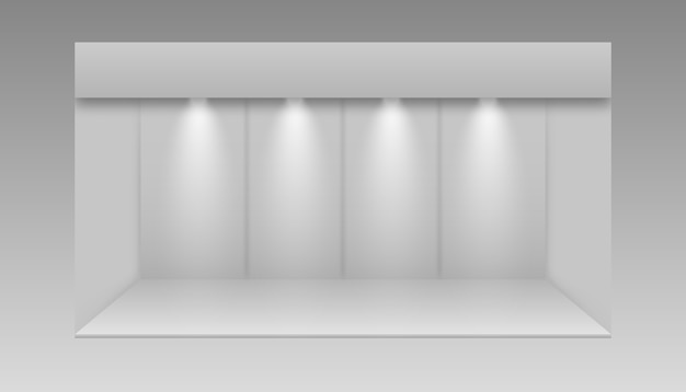 Leerer Ausstellungsstand. 3D Ausstellungsstand. Weißer leerer Werbeständer mit Schreibtisch.