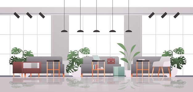 leerer Coworking Center moderner Büroraum Innenraum kreativer offener Raum mit horizontaler Illustration der Möbel