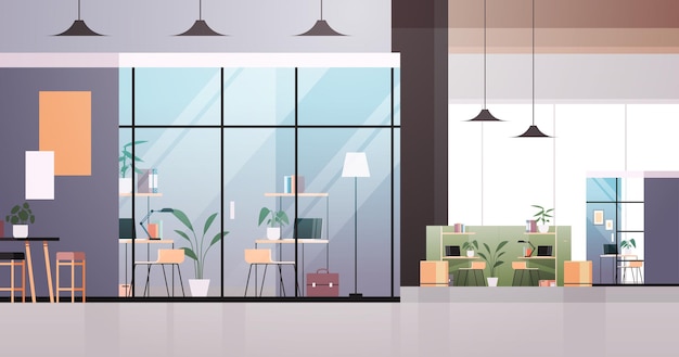 Leerer coworking center moderner büroraum innenraum kreativer offener raum mit horizontaler illustration der möbel