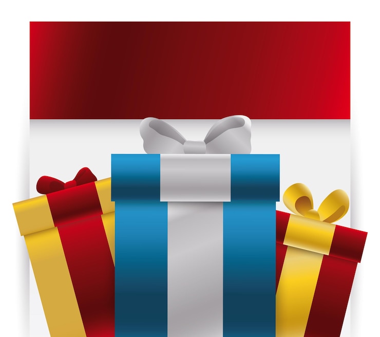Vektor leerer datierter loseblattkalender mit drei farbenfrohen und abwechslungsreichen geschenkboxen
