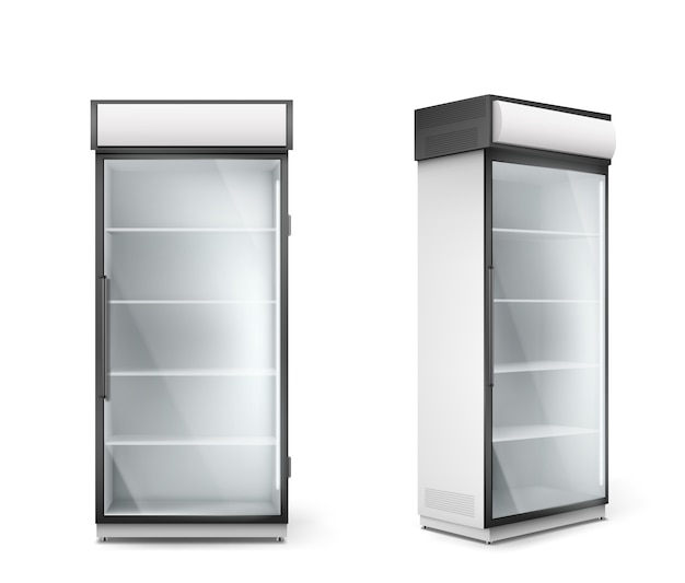 Leerer kühlschrank mit transparenter glastür