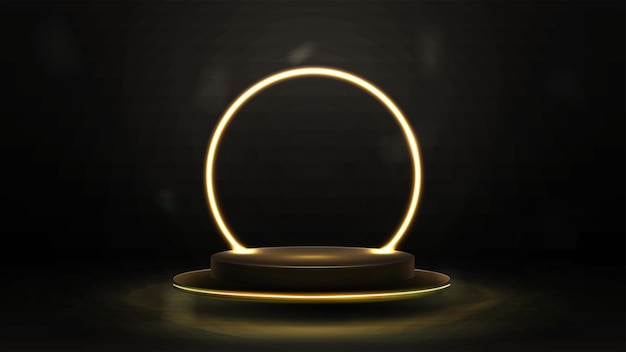 Leeres goldenes podium mit gelbem neonring auf dem hintergrund 3d-rendering dunkle abstrakte szene mit in der luft schwebendem sockel und neonkreisrahmen