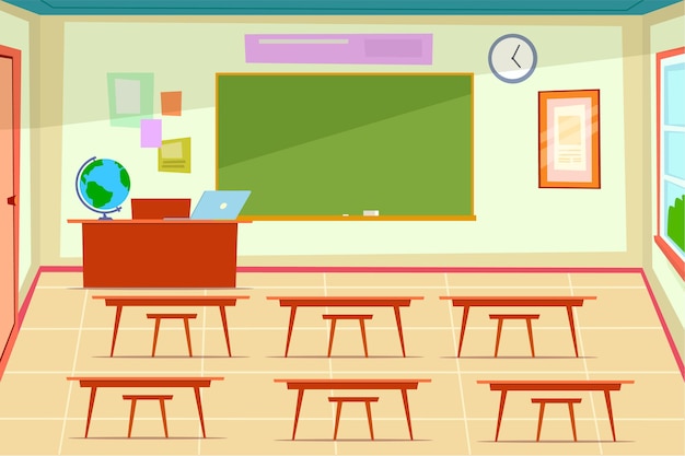 Leeres klassenzimmer. klassenzimmer-interieur mit schreibtisch und stühlen für kinder und lehrer, grüne tafel an der wand, laptop und globus auf dem lehrertisch, moderne schule oder universität flache cartoon-illustration
