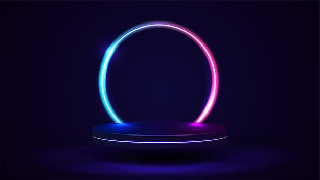 Leeres Podium mit Neonring mit Linienverlauf im Hintergrund. 3D-Rendering. Illustration mit abstrakter Szene mit rosa und blauem Neonrahmen