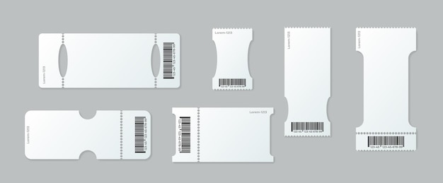 Leeres ticket-mockup weiße tickets mit barcodes, leerem coupon und einem ticket-vorlagensatz