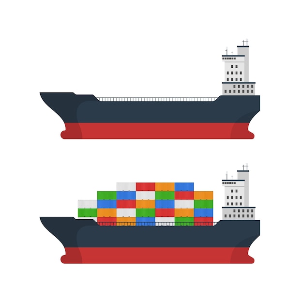 Leeres und beladenes frachtschiff mit containern, isoliert auf weiss güterverkehr mit containerschiff import und export maritimer logistikdienst internationales lieferkonzept vektor-illustration