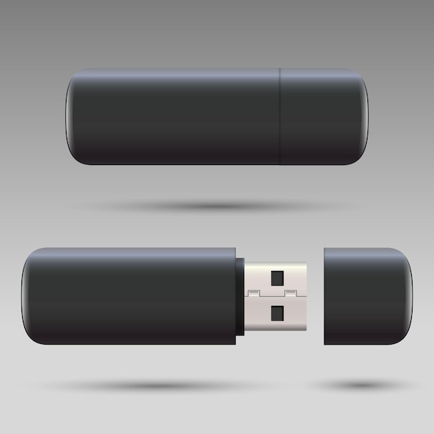 Leeres USB-Laufwerk-Design-Set, 3D-Rendering. Durchsichtige Flash-Disk-Vorlage aus Kunststoff geöffnet, geschlossen.