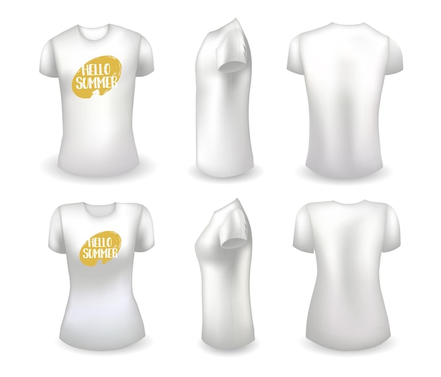 Leeres weißes männliches und weibliches T-Shirt realistische Vorlage und weißes T-Shirt mit dem Etikett hallo sommer schlecht...